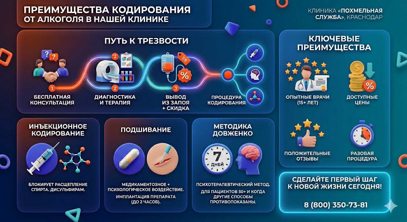 Инфографика о методах кодирования от алкоголя в Семилуках: инъекции, подшивание, метод Довженко. Преимущества клиники и этапы лечения.