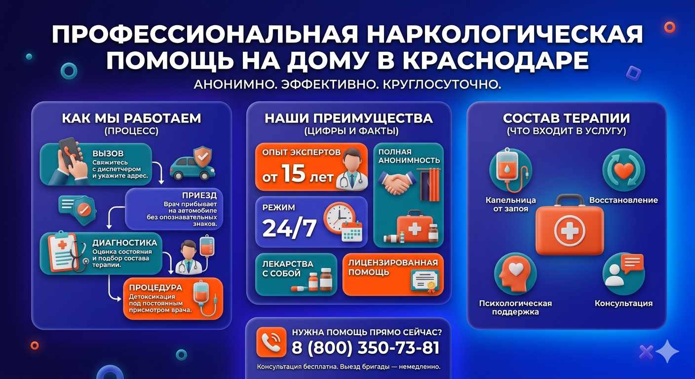 Инфографика о принципах лечения алкоголизма на дому в Семилуках: этапы вызова нарколога, преимущества анонимной детоксикации и состав медицинской помощи.